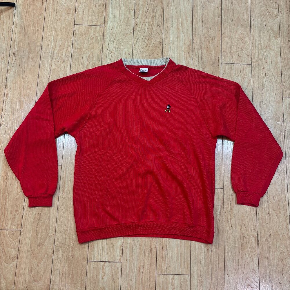 Disney Wear Mickey Embroidered Red V Neck Sweater Made USA Men's Size XL VTG